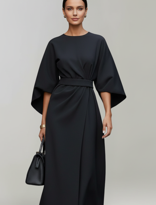 Women's Cocktail Dress | Midi Length Round Neckline Wide Sleeves Belted