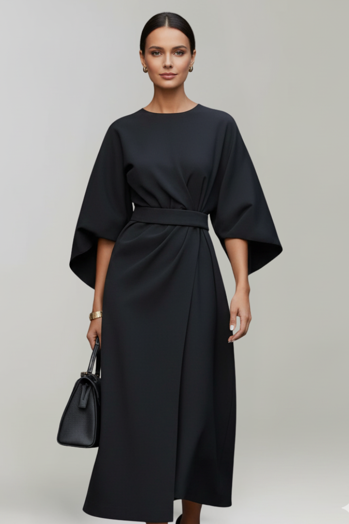 Women's Cocktail Dress | Midi Length Round Neckline Wide Sleeves Belted