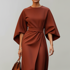 Women's Cocktail Dress | Midi Length Round Neckline Wide Sleeves Belted