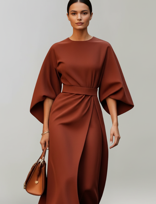 Women's Cocktail Dress | Midi Length Round Neckline Wide Sleeves Belted