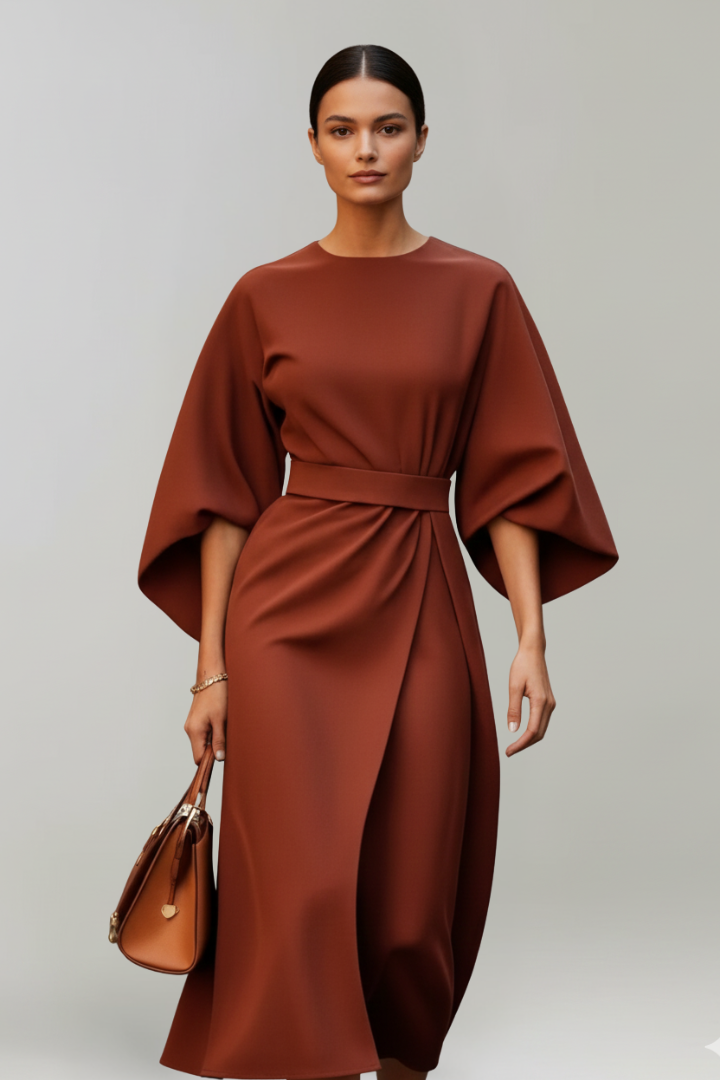 Women's Cocktail Dress | Midi Length Round Neckline Wide Sleeves Belted