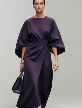 Women's Cocktail Dress | Midi Length Round Neckline Wide Sleeves Belted