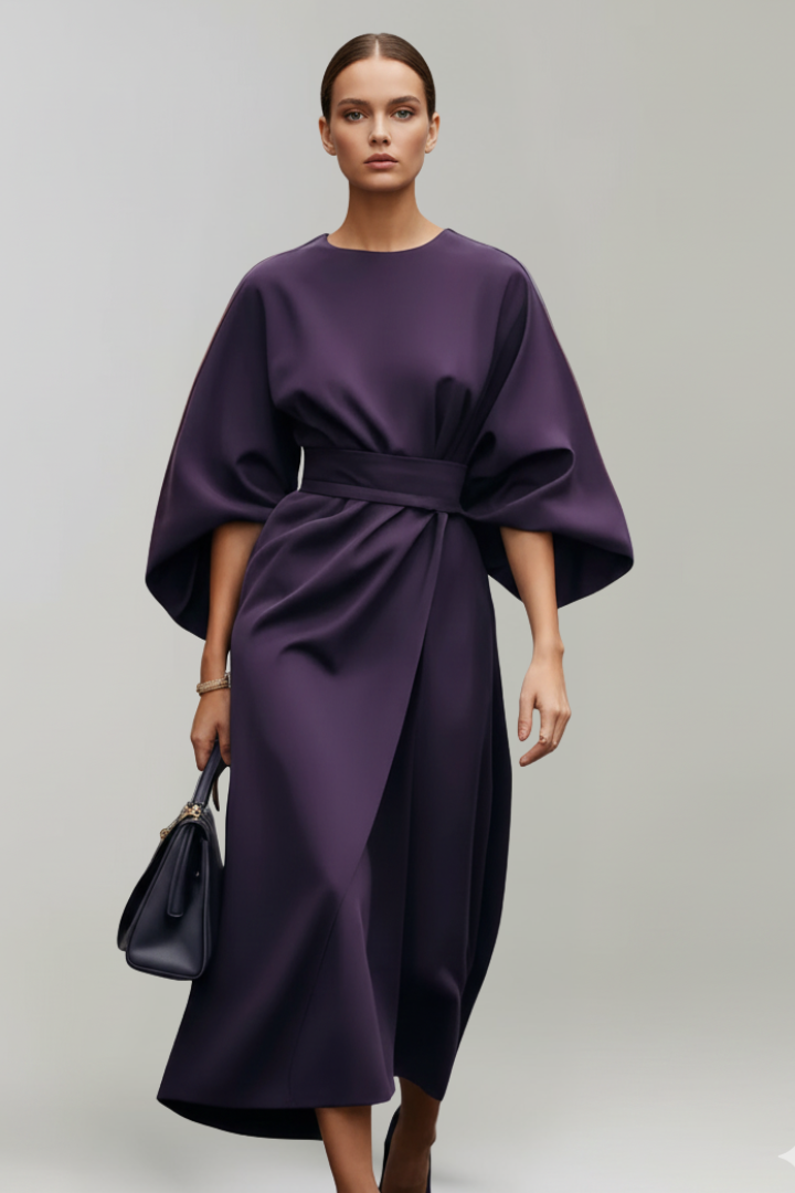 Women's Cocktail Dress | Midi Length Round Neckline Wide Sleeves Belted