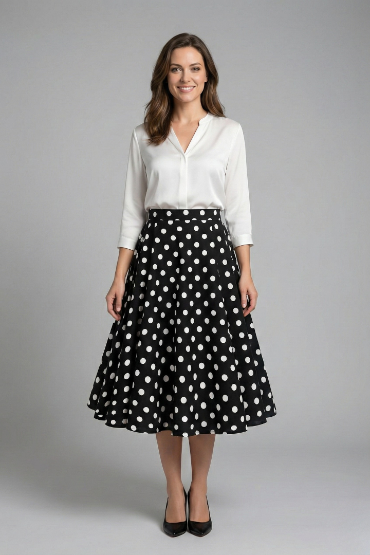 Women's Polka Dot Skirt | Midi Length High Waist Flared