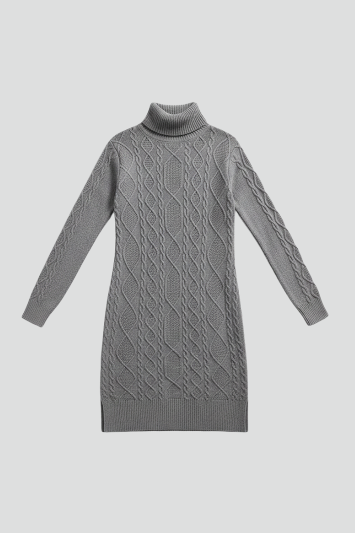 Women's High Neck Dress | Midi Cable Knit Roll Neck