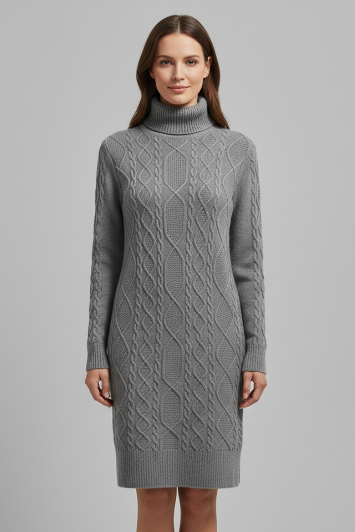 Women's High Neck Dress | Midi Cable Knit Roll Neck