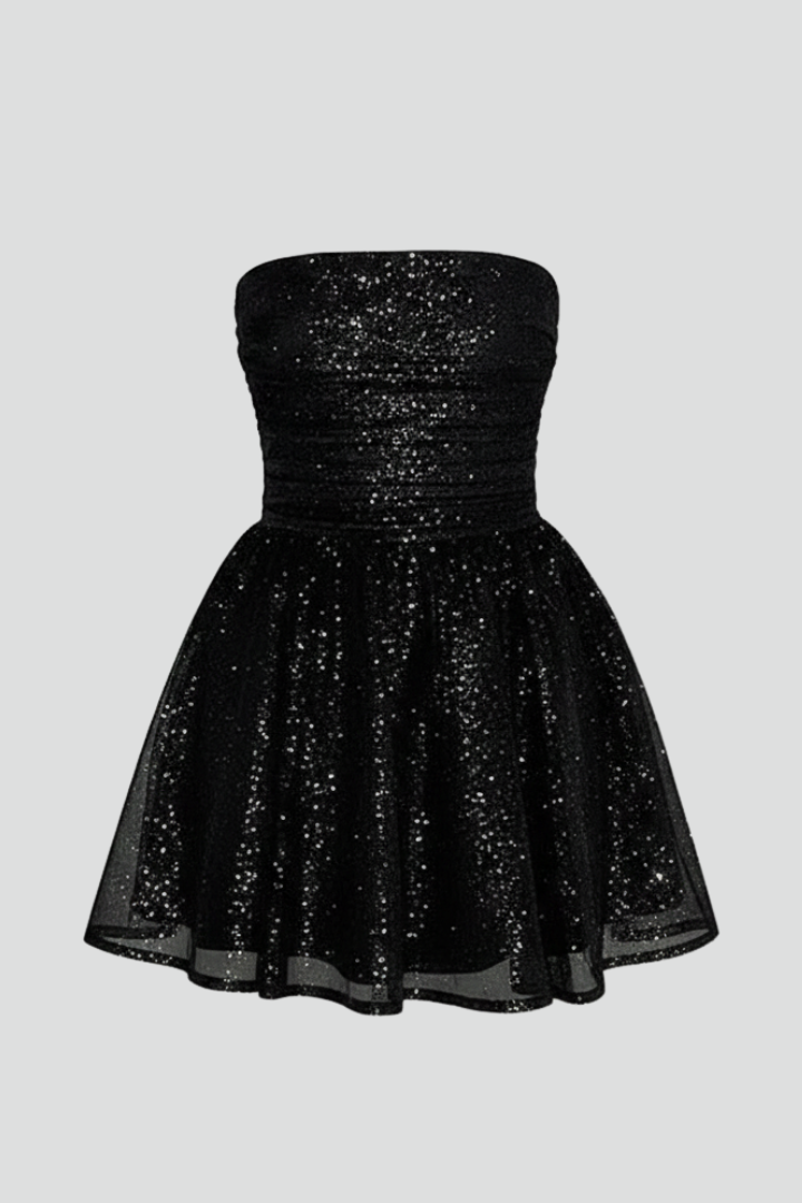 Women's Body Con Mini Dress | Strapless Sleeveless Sequin Flared