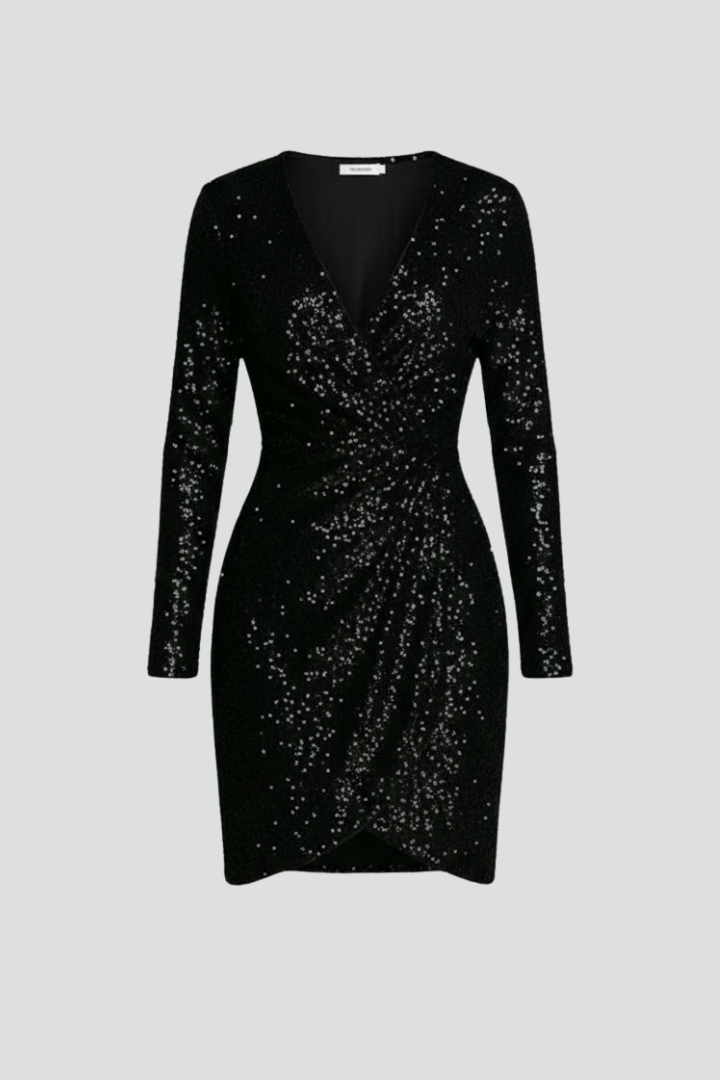 Women's Sequin Dress | Mini Length V Neckline Long Sleeves Wrap
