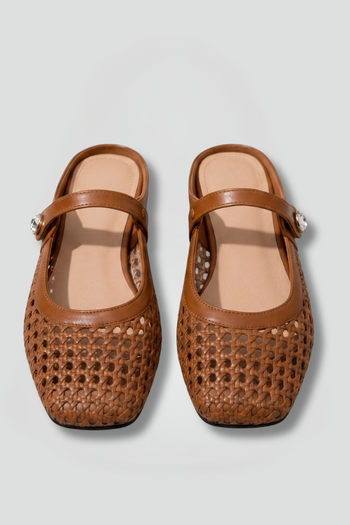 Women's Mules | Mary Jane Strap Woven Upper Rounded Square Toe