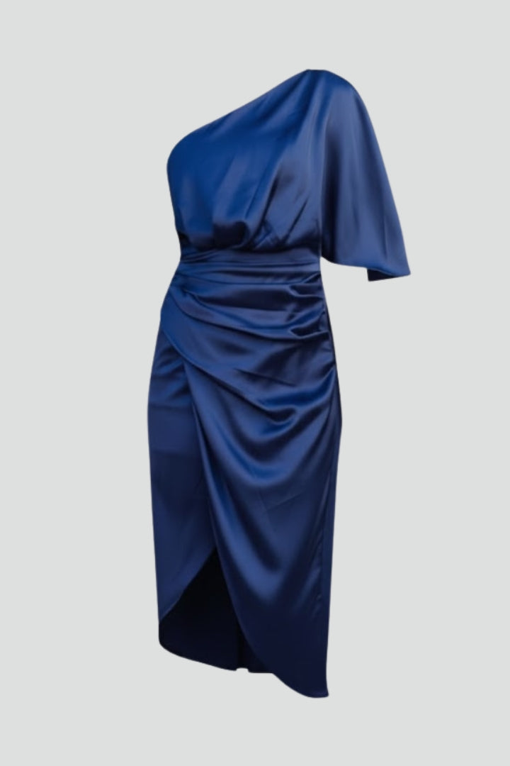 Women's Knee Length Cocktail Dress | One Shoulder Draped Waist Satin