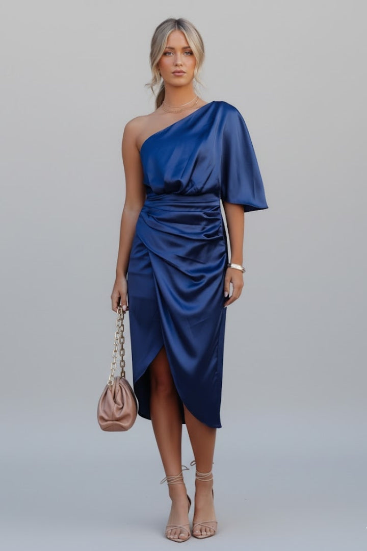 Women's Knee Length Cocktail Dress | One Shoulder Draped Waist Satin