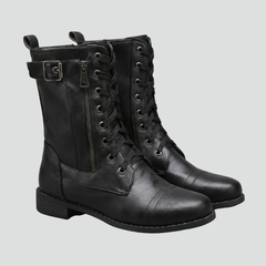 Women's Fur Boots | Lace-Up Rounded Toe Flat Heel Leather