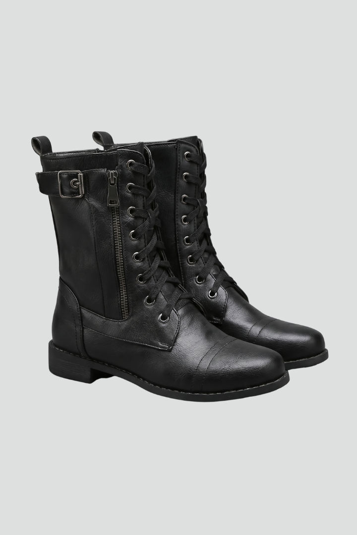 Women's Fur Boots | Lace-Up Rounded Toe Flat Heel Leather