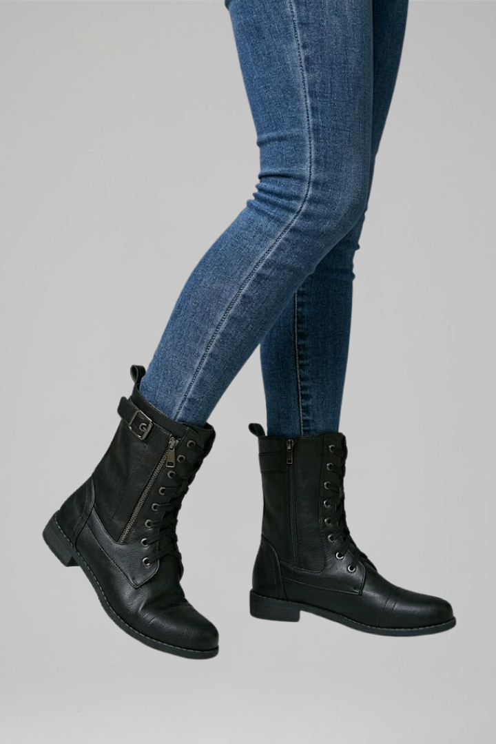 Women's Fur Boots | Lace-Up Rounded Toe Flat Heel Leather
