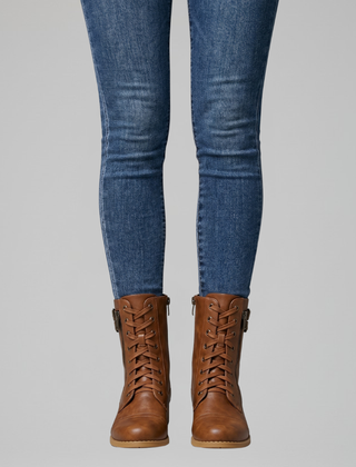 Women's Fur Boots | Lace-Up Rounded Toe Flat Heel Leather