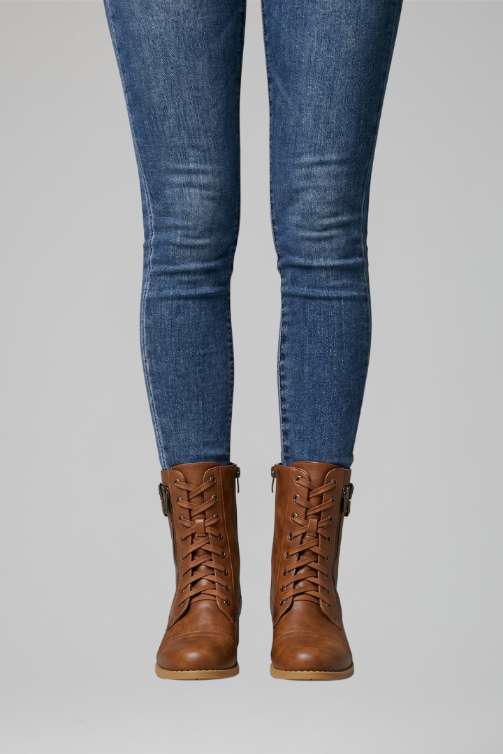 Women's Fur Boots | Lace-Up Rounded Toe Flat Heel Leather