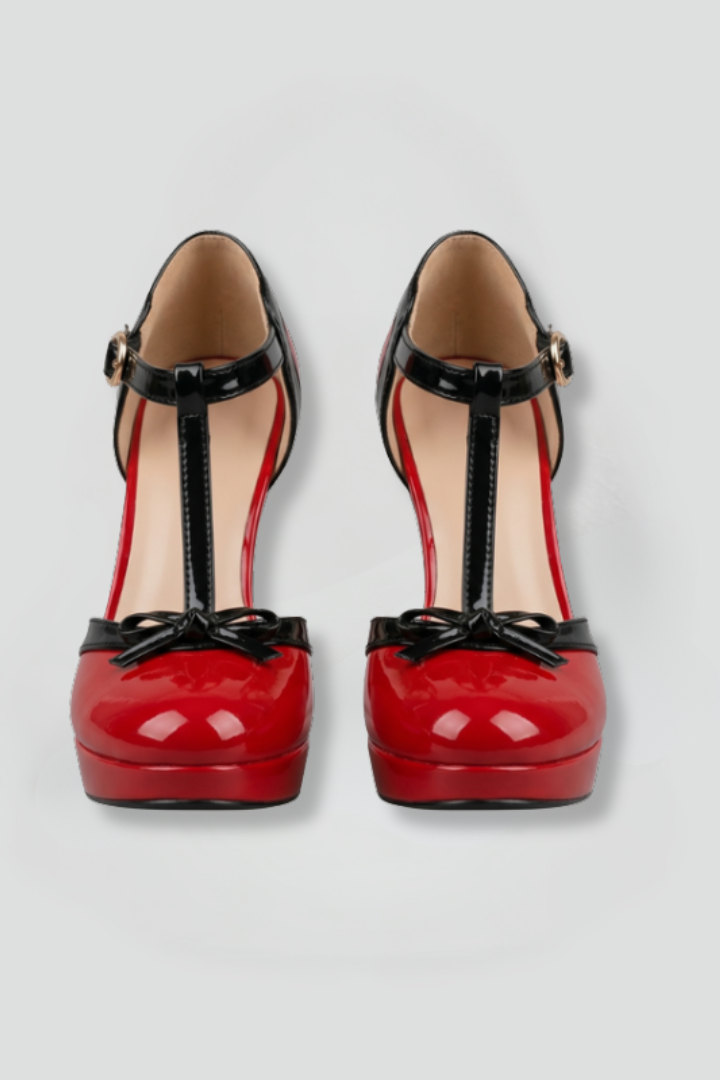 Women's High Heels | Round Toe T Strap Platform Patent