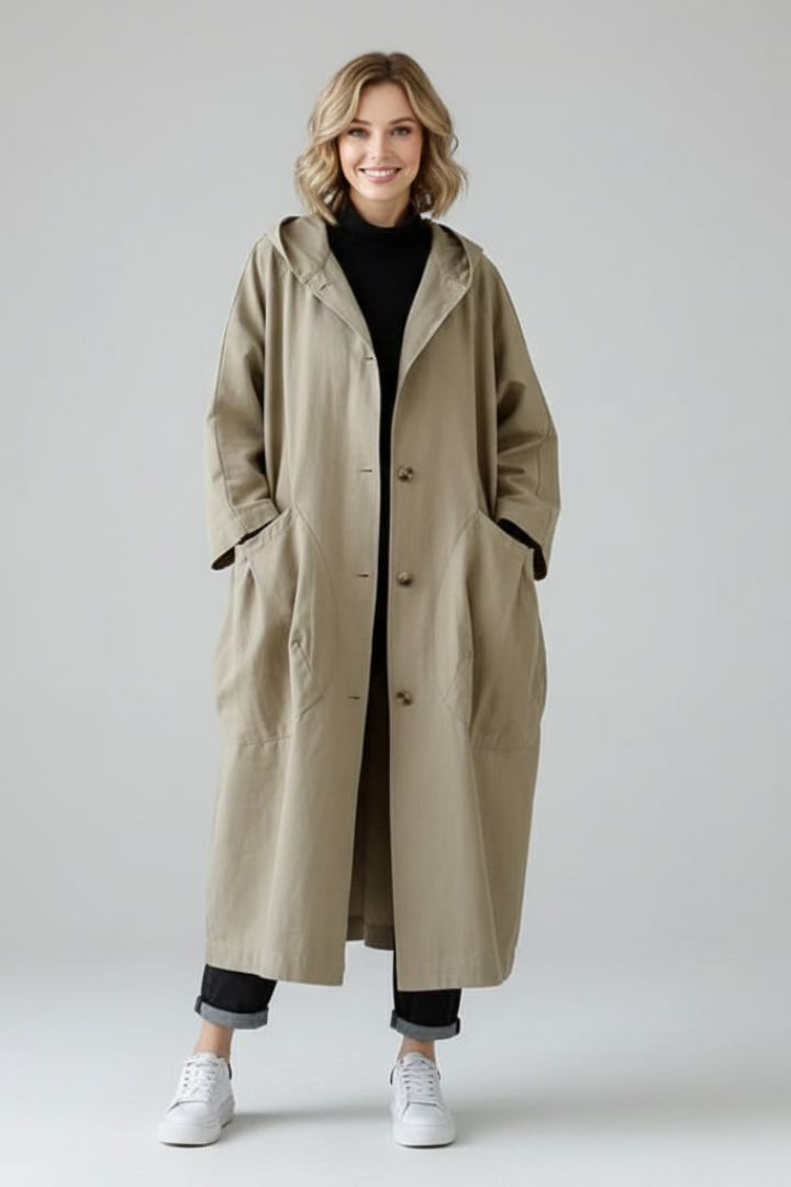 Women's Trench Coat | Hood Pockets Button Closure