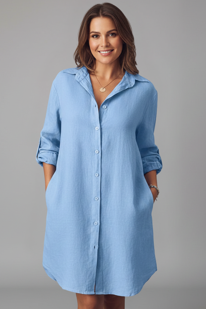 Women's Shirt Dress | Turned Collar Button Front Long Sleeves