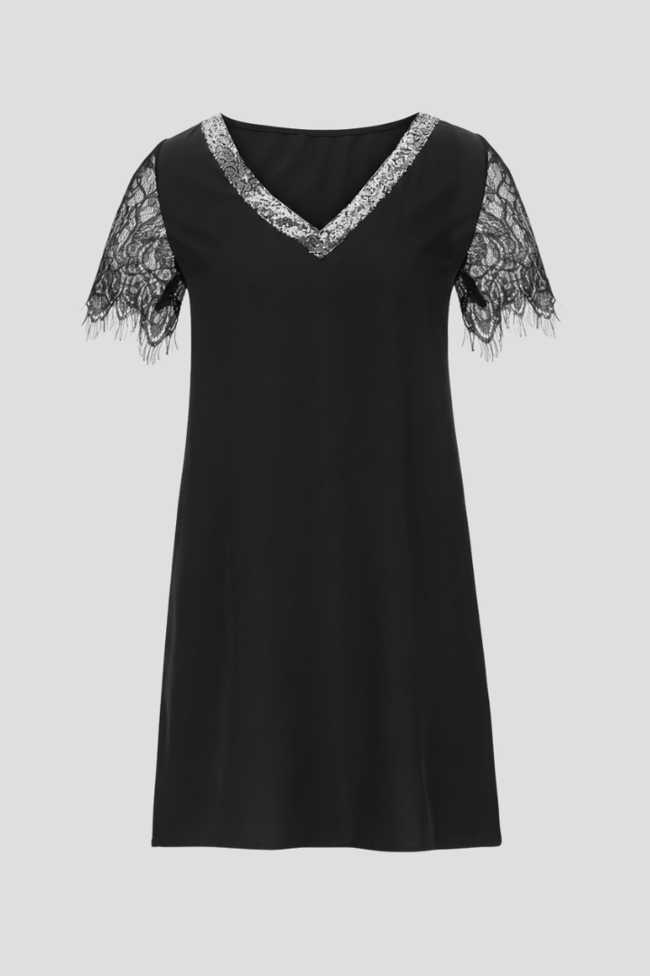 Women's Lace Sundress | V Neckline Short Sleeves Lace Trim