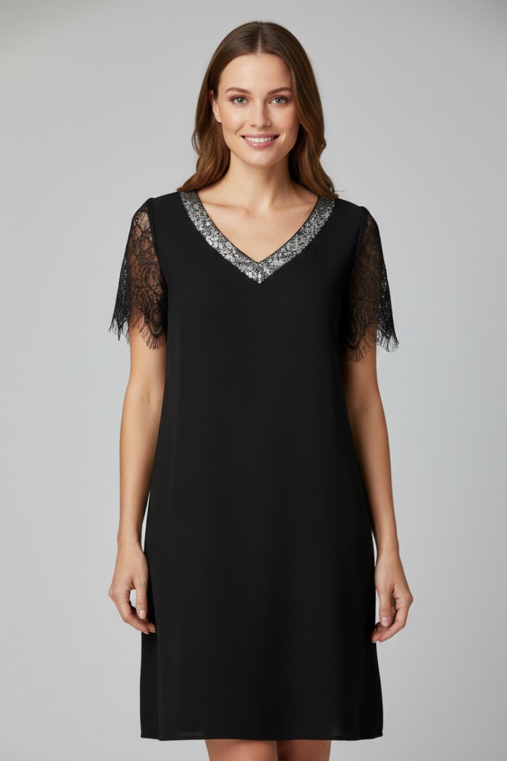 Women's Lace Sundress | V Neckline Short Sleeves Lace Trim