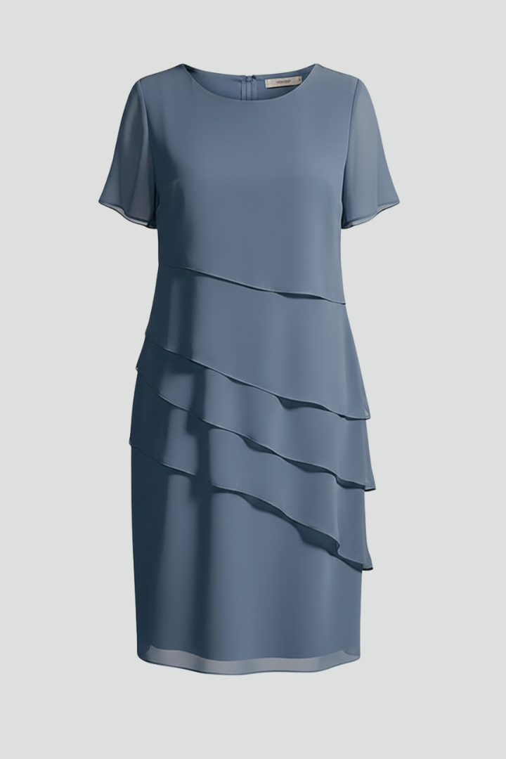 Women's Dress | Midi Length Round Neckline Layered Short Sleeve