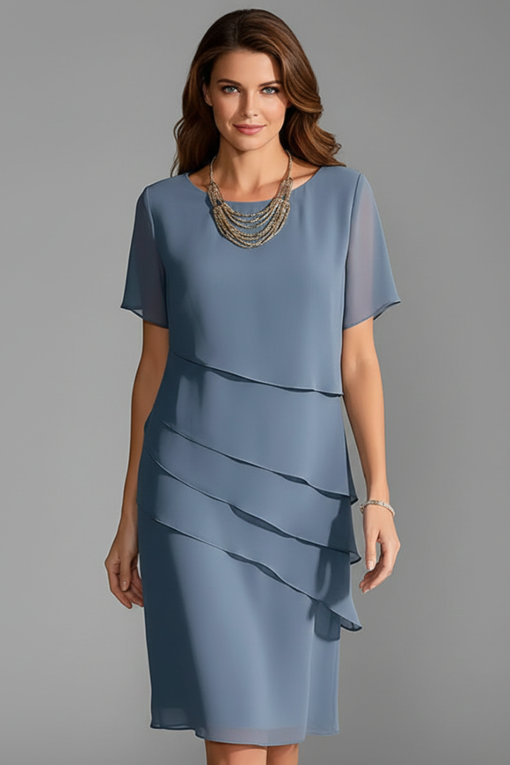 Women's Dress | Midi Length Round Neckline Layered Short Sleeve