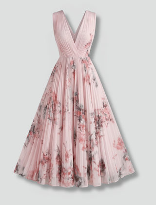 Women's Pleated Skirt | V-Neck Sleeveless Midi Floral