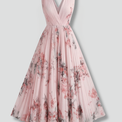 Women's Mother Of The Bride Dress | Midi Pleated V-Neck Sleeveless Floral