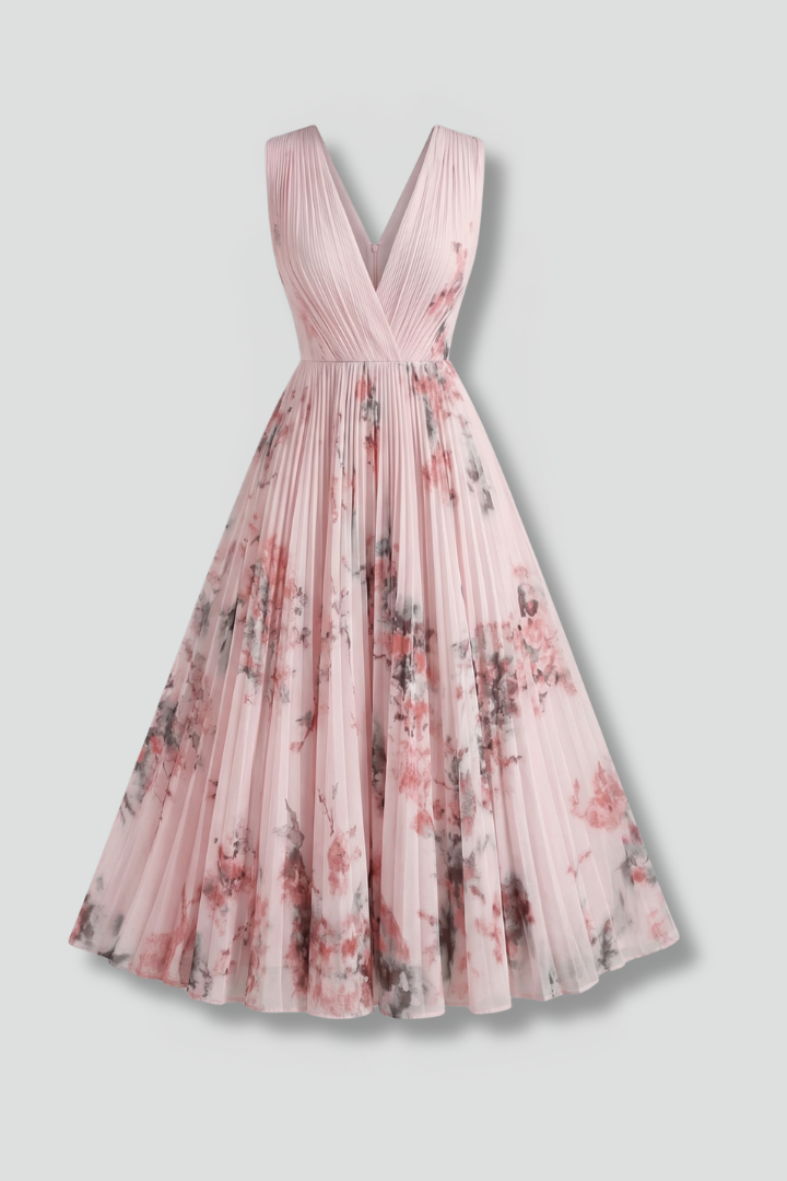 Women's Mother Of The Bride Dress | Midi Pleated V-Neck Sleeveless Floral