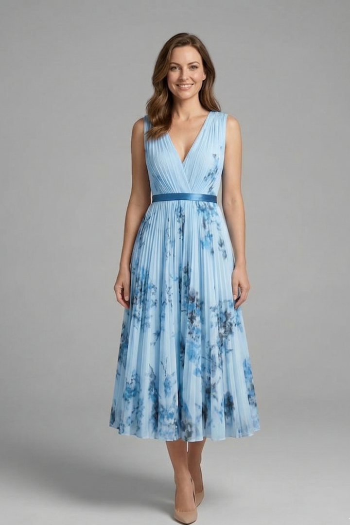 Women's Mother Of The Bride Dress | Midi Pleated V-Neck Sleeveless Floral