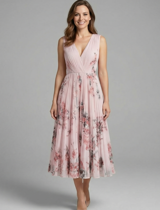 Women's Mother Of The Bride Dress | Midi Pleated V-Neck Sleeveless Floral