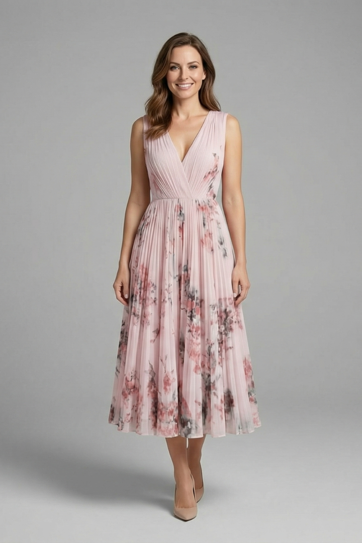 Women's Mother Of The Bride Dress | Midi Pleated V-Neck Sleeveless Floral