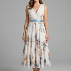 Women's Mother Of The Bride Dress | Midi Pleated V-Neck Sleeveless Floral