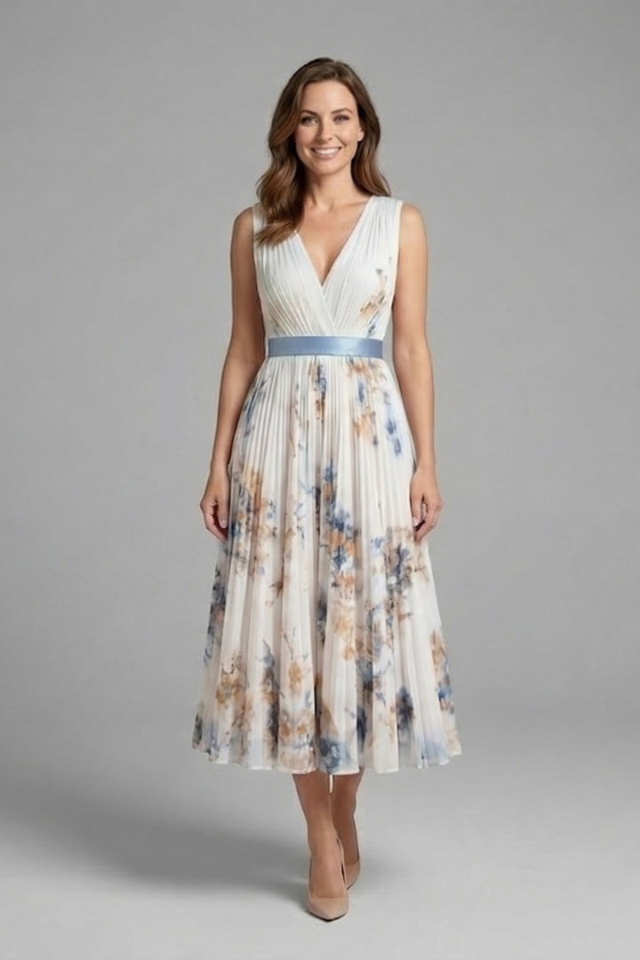 Women's Mother Of The Bride Dress | Midi Pleated V-Neck Sleeveless Floral