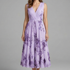 Women's Mother Of The Bride Dress | Midi Pleated V-Neck Sleeveless Floral