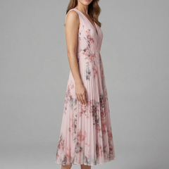 Women's Mother Of The Bride Dress | Midi Pleated V-Neck Sleeveless Floral