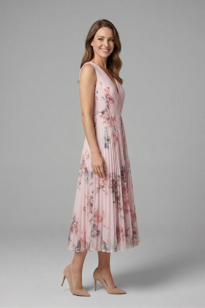 Women's Mother Of The Bride Dress | Midi Pleated V-Neck Sleeveless Floral