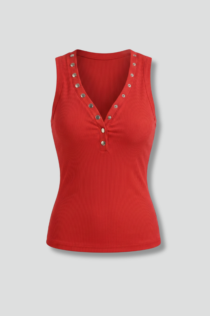 Women's Red Top | V-Neck Sleeveless Knit Button Closure