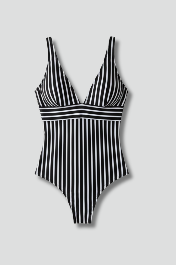 Women's One Piece Swimsuit | Deep V-Neck High Cut Striped