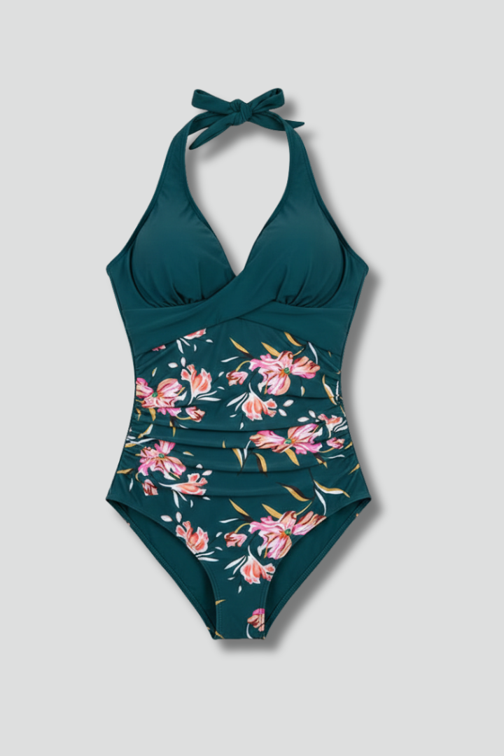 Women's One Piece Swimsuit | Halter Neck V-Neckline Printed Waist
