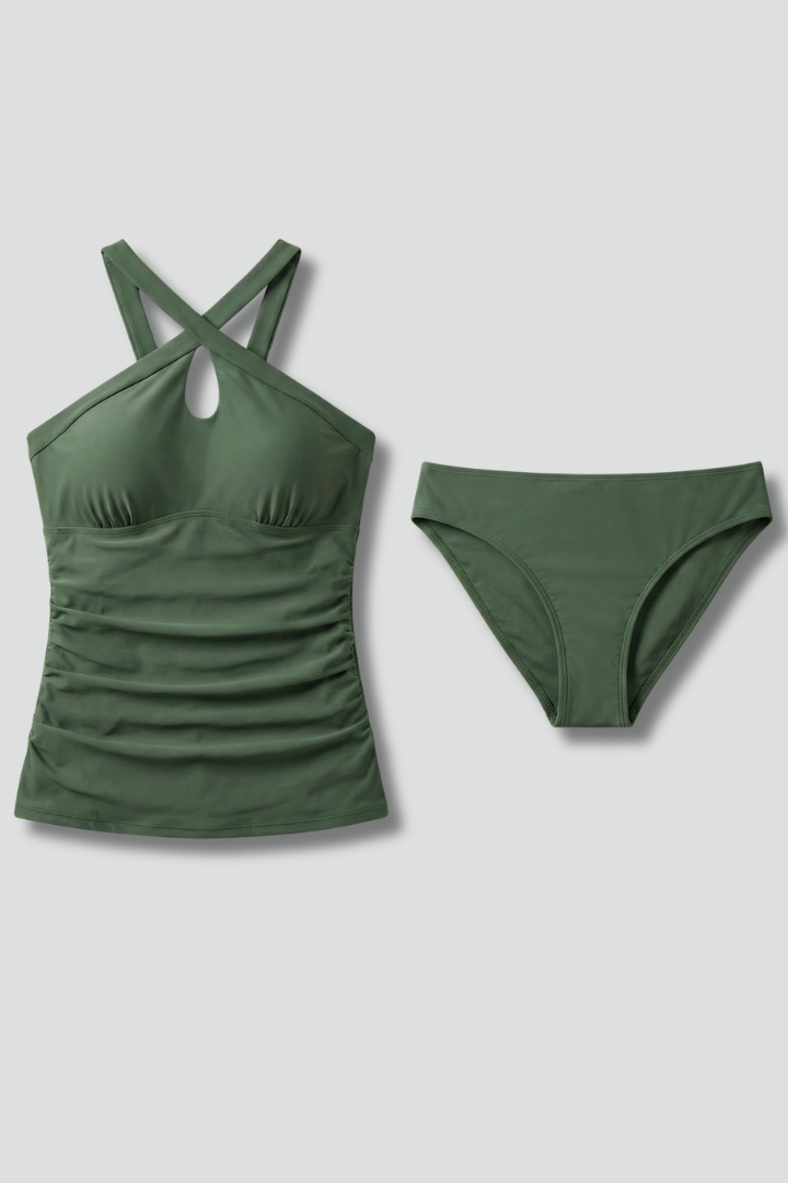 Women's Tankini | Cross Neck Sleeveless Ruched