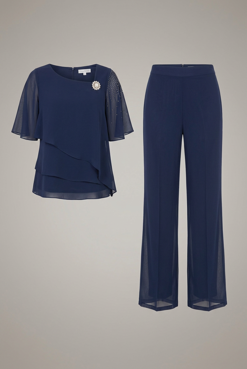 Women's Top And Trousers Set | Layered Round Neckline Flutter Sleeve