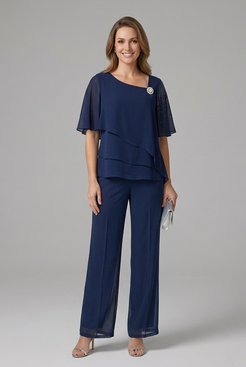 Women's Top And Trousers Set | Layered Round Neckline Flutter Sleeve