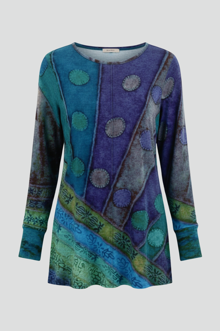 Women's Long Sleeve Top | Round Neckline Ribbed Cuffs Patchwork Print