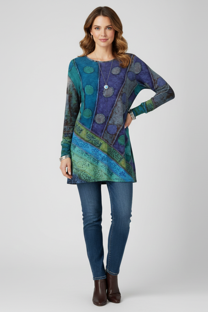 Women's Long Sleeve Top | Round Neckline Ribbed Cuffs Patchwork Print