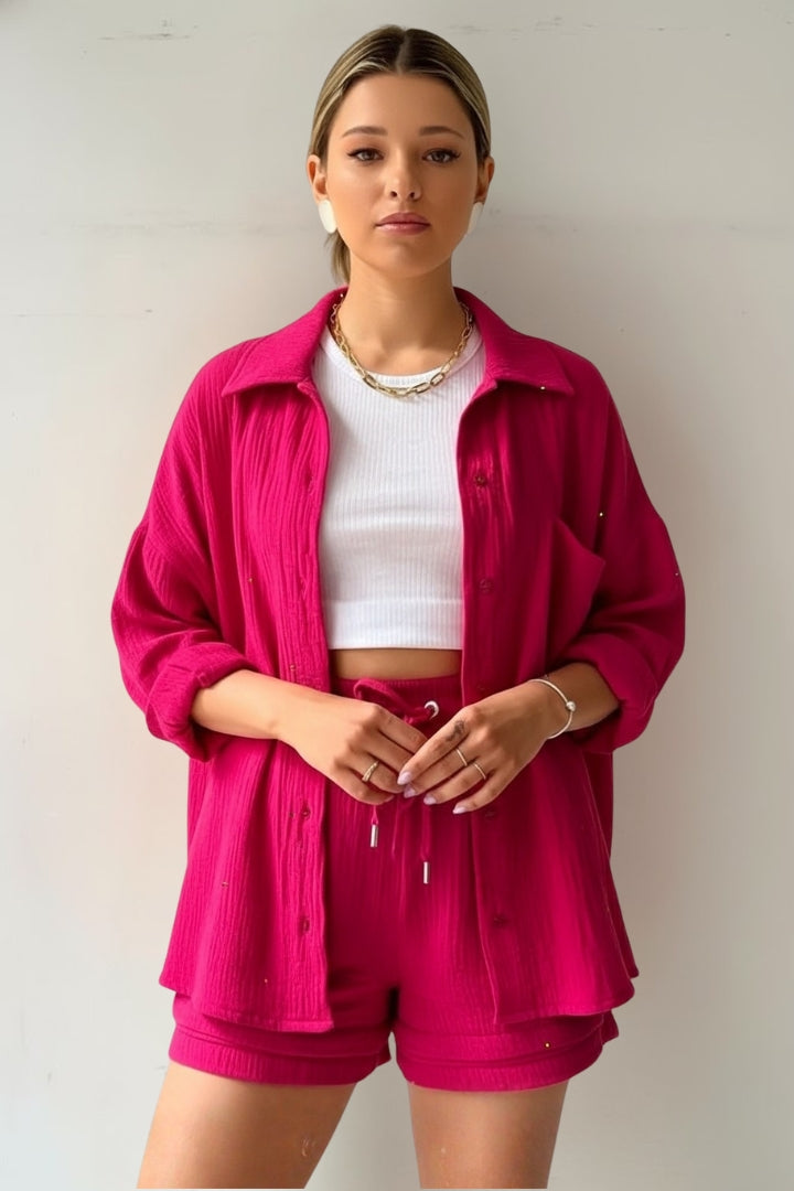 Women's Beach Shorts | Oversized Blouse Button Closure Relaxed Fit