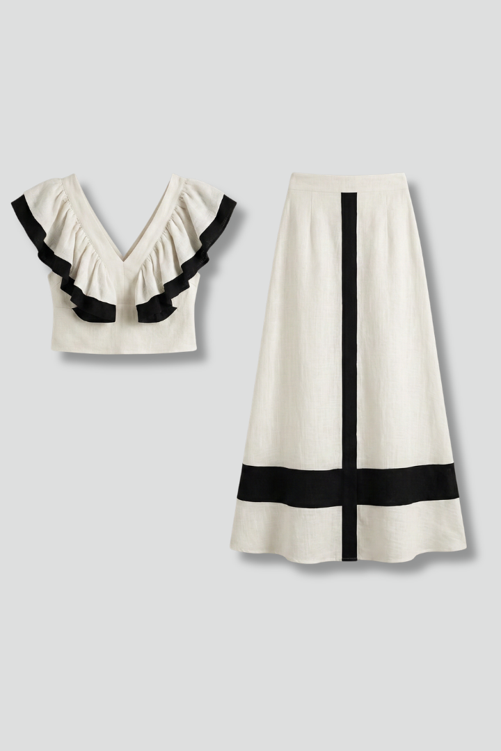 Women's Midi Skirt | V-Neck Ruffle Sleeve Contrast Trim