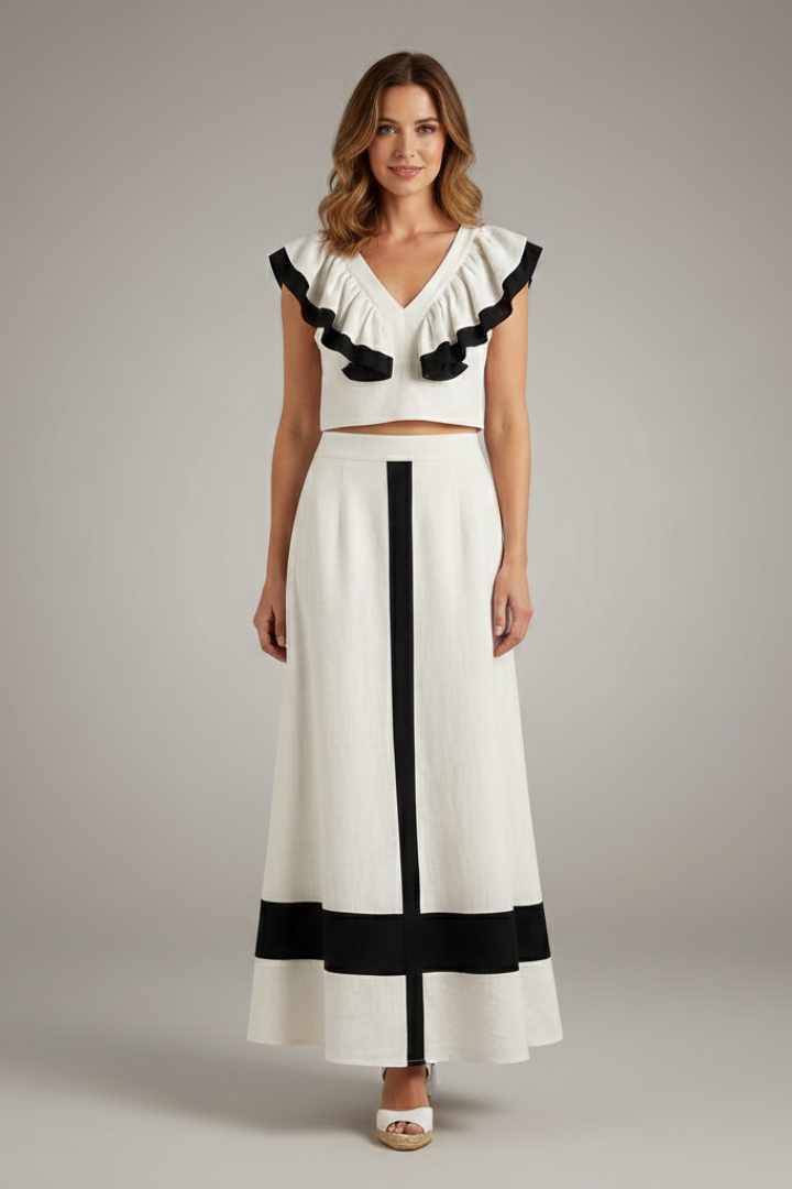 Women's Midi Skirt | V-Neck Ruffle Sleeve Contrast Trim