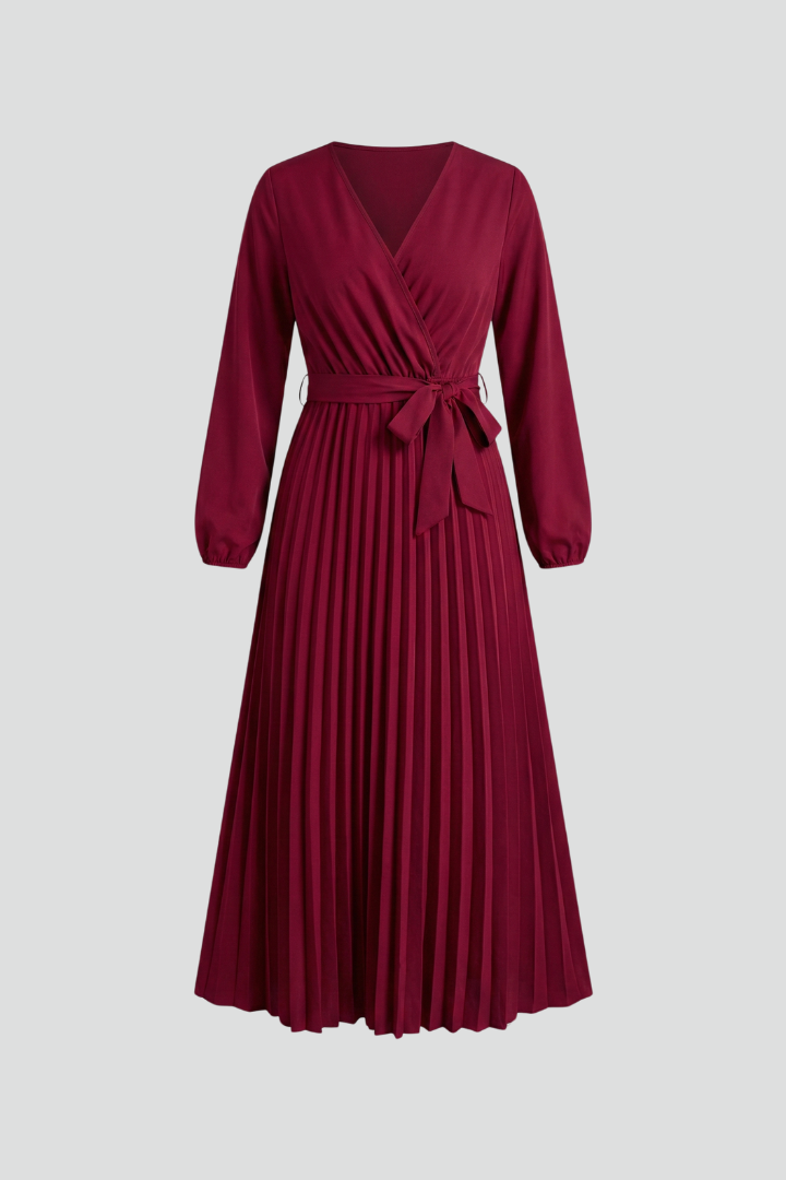 Women's Pleated Skirt | V-Neck Maxi Tie Waist Long Sleeve